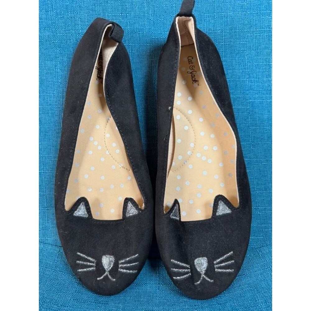 Cat & Jack Girls Size 4 Black Cat Face Ballet Flats Silver Whiskers Kitty Shoes